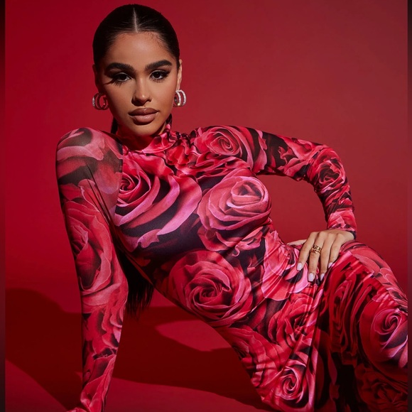 Red Rose Print Long Sleeve Dress - Picture 2 of 3